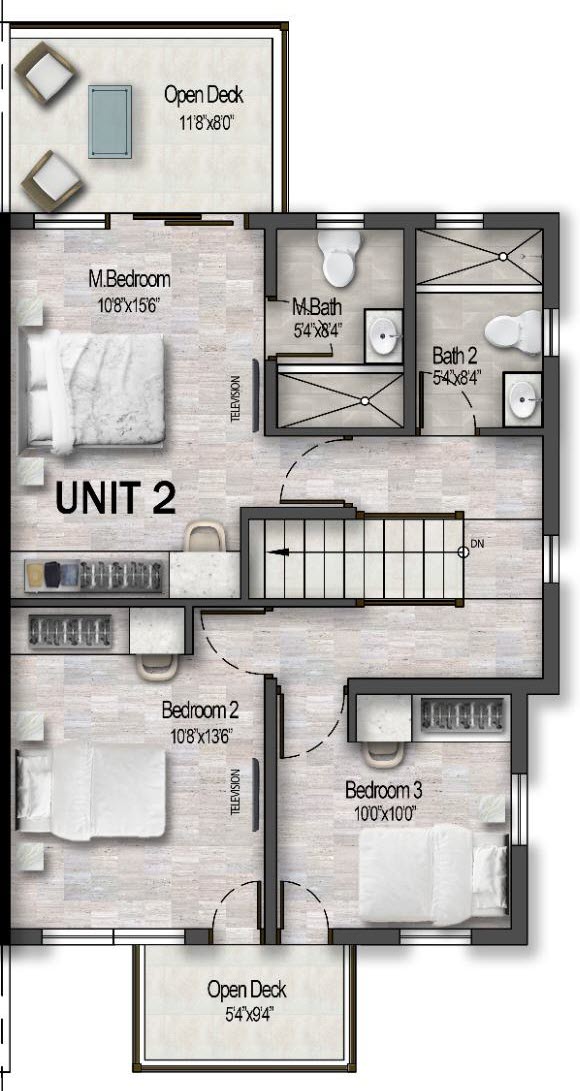 Upper floor plan of Dover Haven, showing the master bedroom with ensuite bathroom and private deck, bedrooms two and three, a second full bathroom and the shared deck.