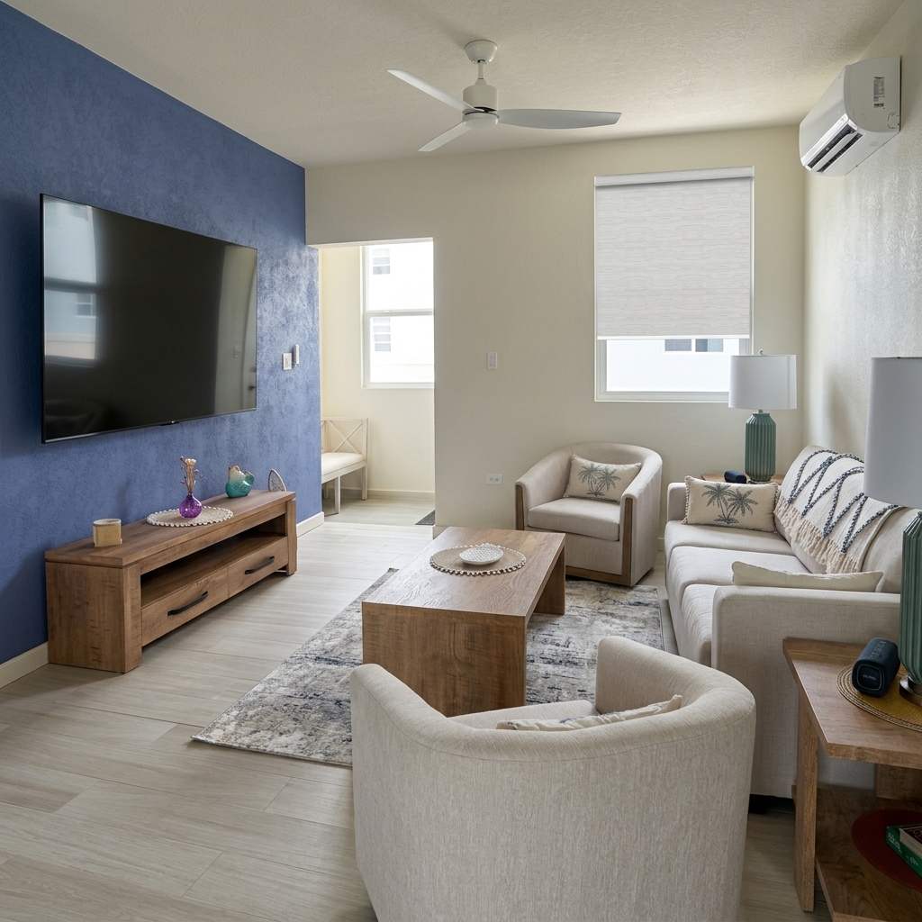 The living room with its accent wall, light oak furniture and a 75-inch television.