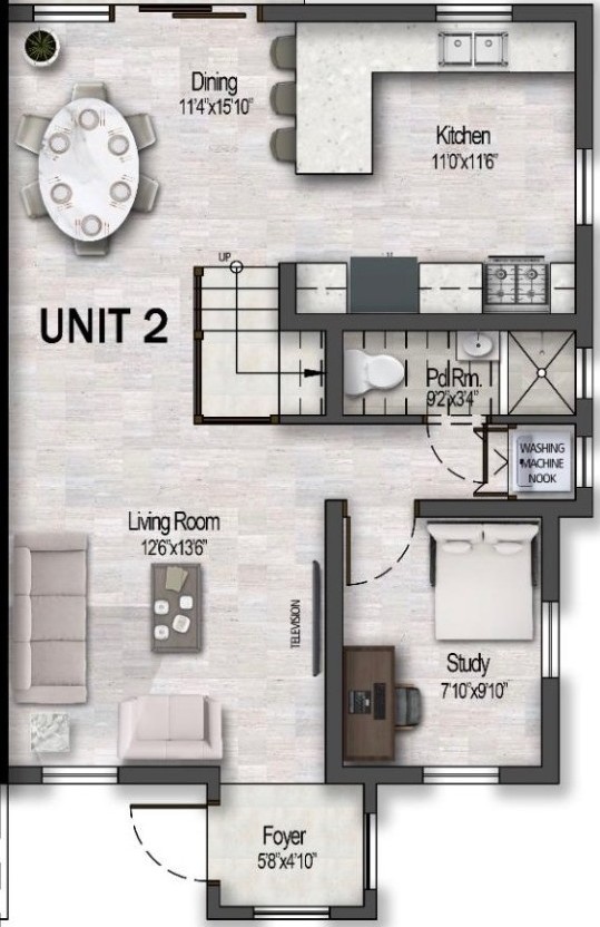 Main floor plan of Dover Haven, showing the foyer, living room with television, dining area, kitchen, study and a full bathroom.