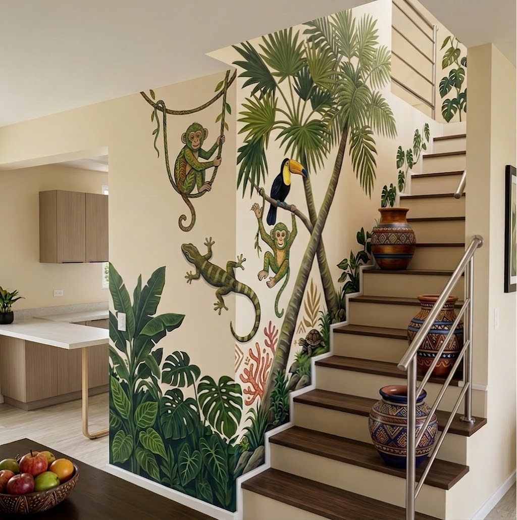 A hand-painted jungle mural covering the stairwell wall.