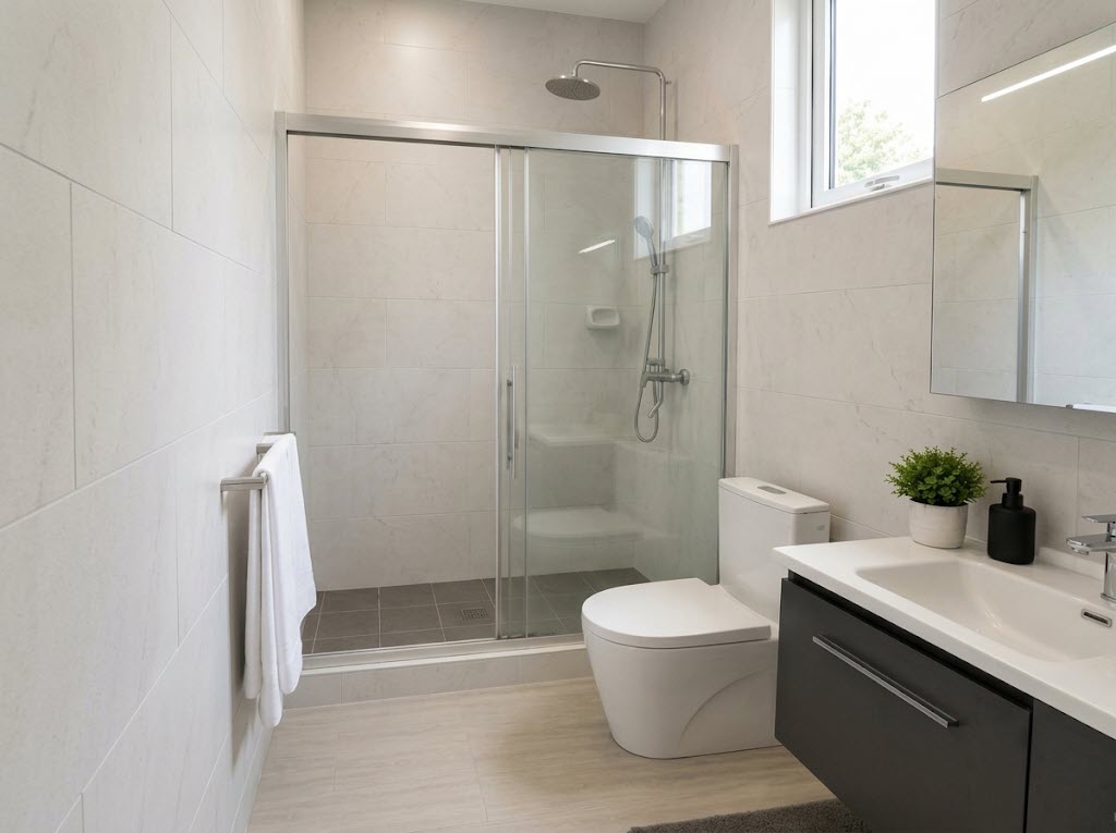 The second bathroom off the upstairs hallway, with a rain shower.