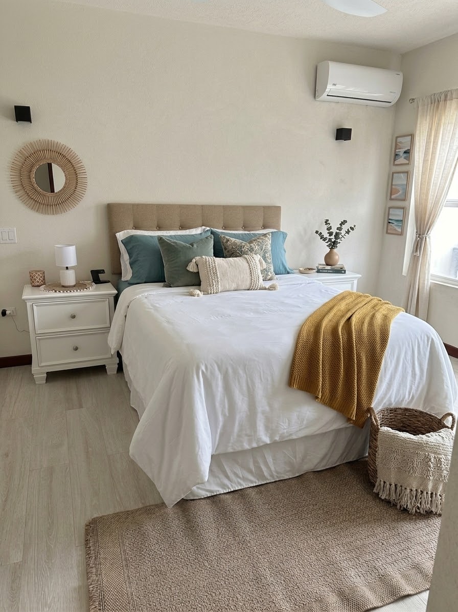 The master bedroom with a queen bed, air conditioning and doors onto a private patio.