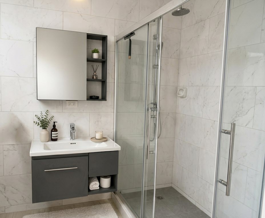 The ensuite master bathroom with a rain shower and pale tile.