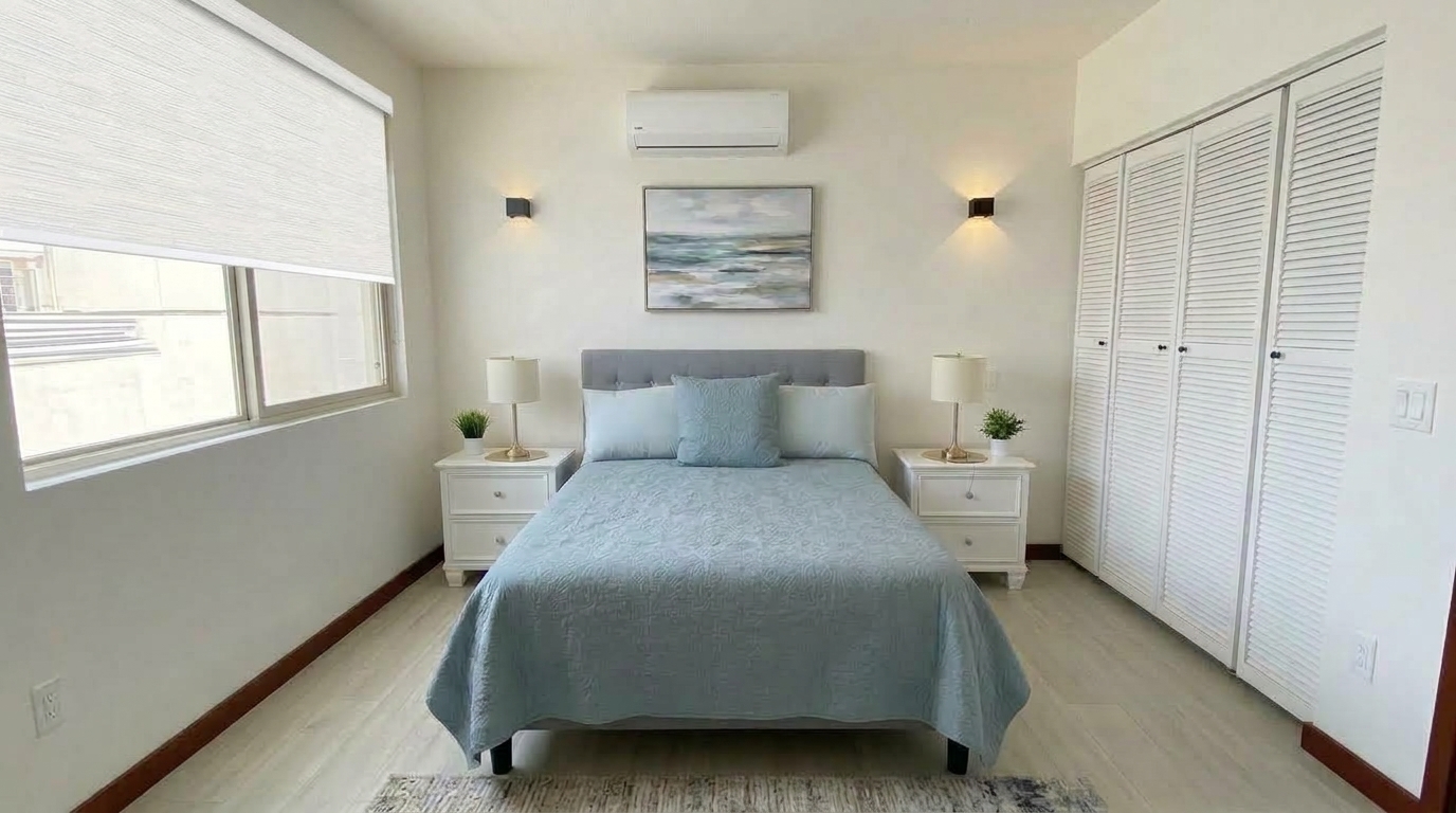 The second bedroom with a queen bed and glass doors onto the shared balcony.
